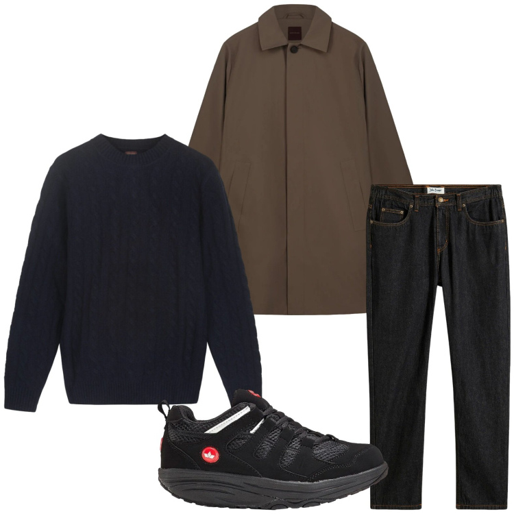 Outfit uomo - Linee pulite. Stile Trendy per Tutti i giorni. Abbinamento con jeans dritti, sneakers, trench, maglieria.