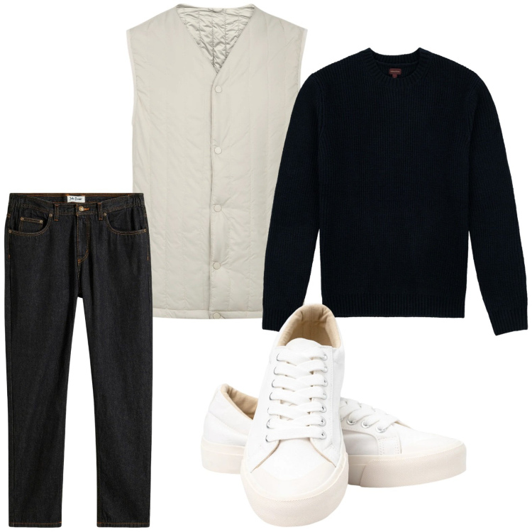 Outfit uomo - Linee moderne. Stile Urban per Tutti i giorni. Abbinamento con jeans dritti, sneakers, piumini, maglieria.
