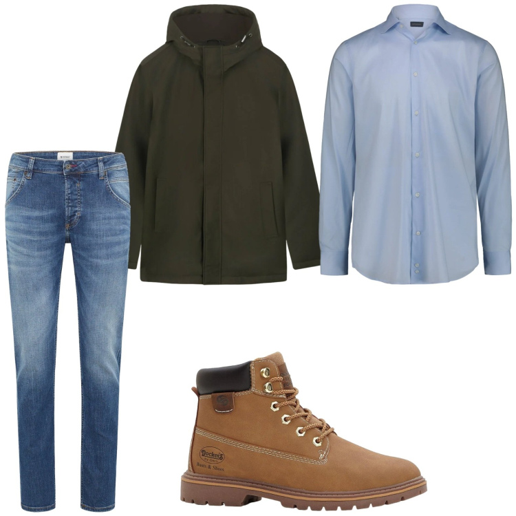 Outfit uomo - Semplice in jeans. Stile Casual per Tutti i giorni. Abbinamento con jeans dritti, stivali e stivaletti, eskimo, camicie.