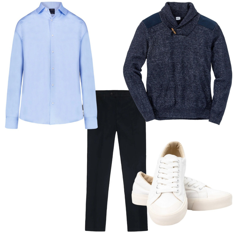 Outfit uomo - La camicia classica. Stile Trendy per Tutti i giorni. Abbinamento con maglieria, camicie, sneakers, pantaloni.