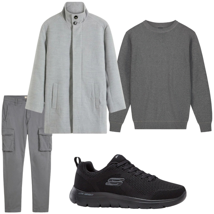 Outfit uomo - Grigio e nero. Stile Casual per Tutti i giorni. Abbinamento con sneakers, pantaloni cargo, cappotti, maglieria.