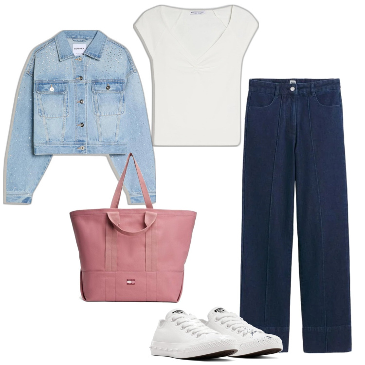 Outfit mujer - Basic #408. Estilo Basic para Todos los días. Combinación con vaqueros, bolso tote, sneakers, camiseta, blazers.