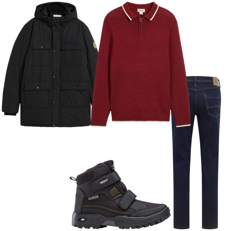 Outfit uomo - Il maglione burgundy. Stile Trendy per Tutti i giorni. Abbinamento con stivali e stivaletti, jeans dritti, maglieria, parka.