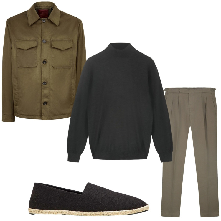 Outfit uomo - La giacca verde oliva. Stile Casual per Tutti i giorni. Abbinamento con espadrillas, giacche, pullovers, pantaloni.
