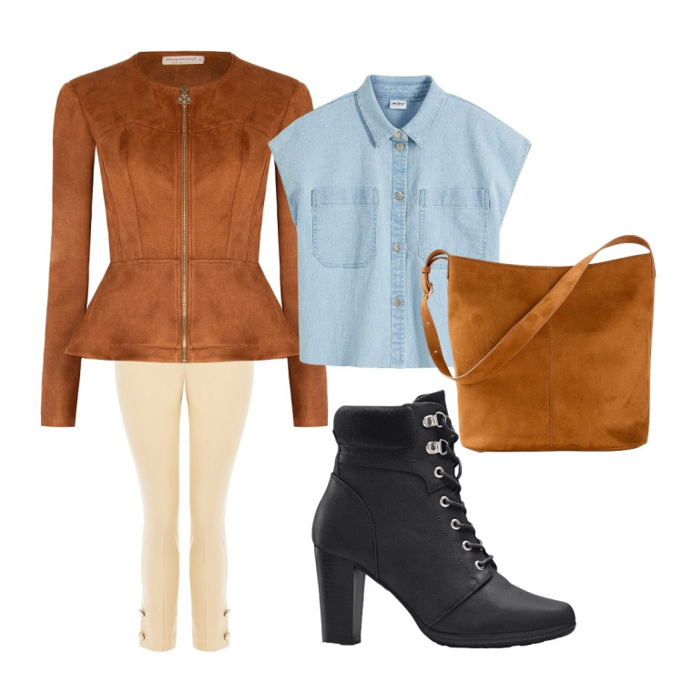 Outfit donna - Cielo e terra. Stile Bon Ton per Tutti i giorni. Abbinamento con stivaletti, camicie, borse a mano, blazer, pantaloni.