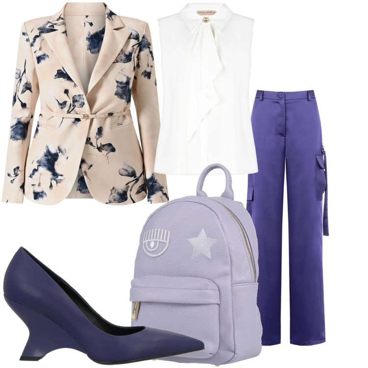 Outfit donna - Grazie per l\'invito. Stile Casual chic per Serata fuori. Abbinamento con décolleté, zaini, pantaloni cargo, top, blazer.