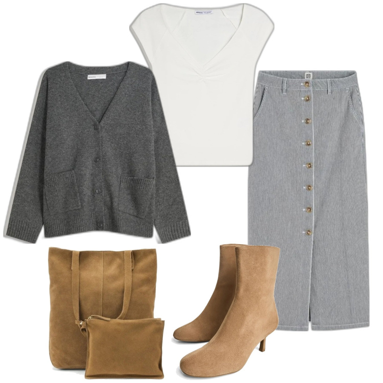 Outfit mujer - Casual chic #1160. Estilo Casual chic para Todos los días. Combinación con bolso tote, cárdigans, minifaldas, botines, camiseta.