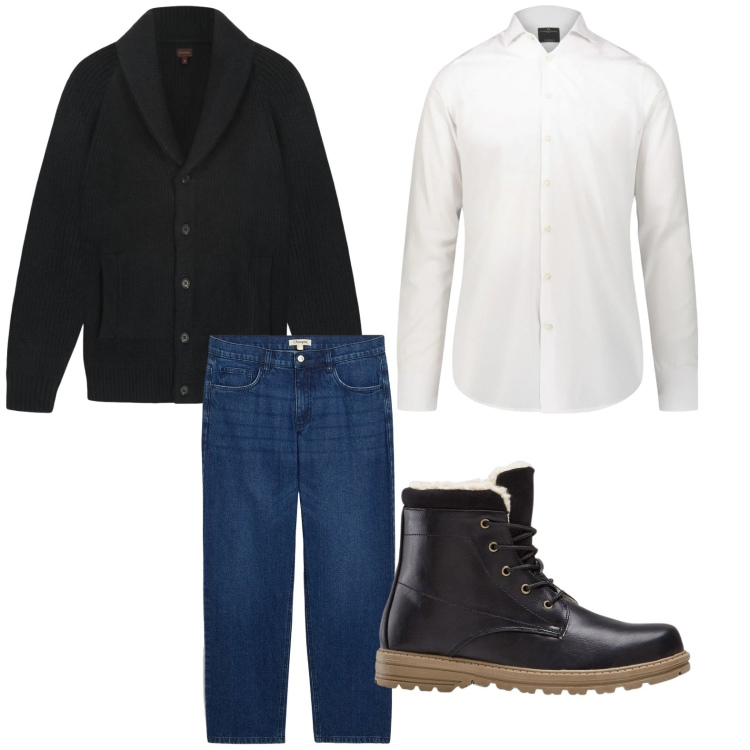 Outfit uomo - Casual. Stile Trendy per Tutti i giorni. Abbinamento con stivali e stivaletti, jeans dritti, camicie, cardigans.