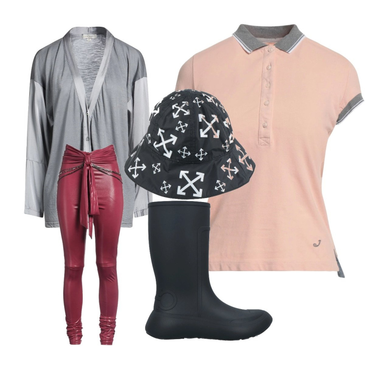 Outfit donna - Settimana piovosa. Stile Urban per Tutti i giorni. Abbinamento con stivali di gomma, cardigans, leggings, polo, cappelli.