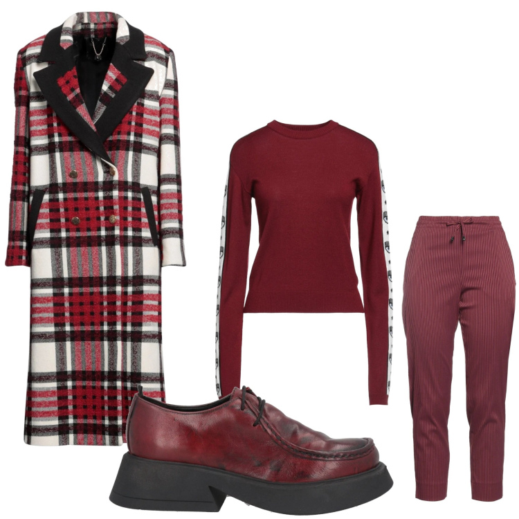 Outfit donna - Eclettica. Stile Glamour per Tutti i giorni. Abbinamento con cappotti, scarpe stringate, pantaloni, pullovers.