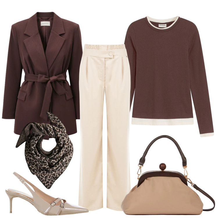 Outfit donna - Neutri chic. Stile Chic per Tutti i giorni. Abbinamento con maglieria, sciarpe, décolleté, pantaloni a palazzo, blazer, clutch.
