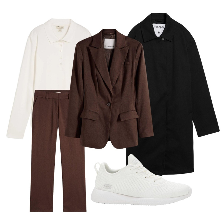 Outfit donna - Sporty chic ufficio febbraio. Stile Sporty chic per Ufficio. Abbinamento con polo, sneakers, trench, pantaloni, blazer.