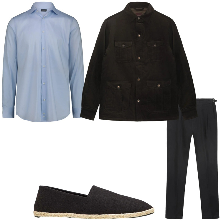 Outfit uomo - Look giornaliero. Stile Casual per Tutti i giorni. Abbinamento con espadrillas, cappotti, camicie, pantaloni.