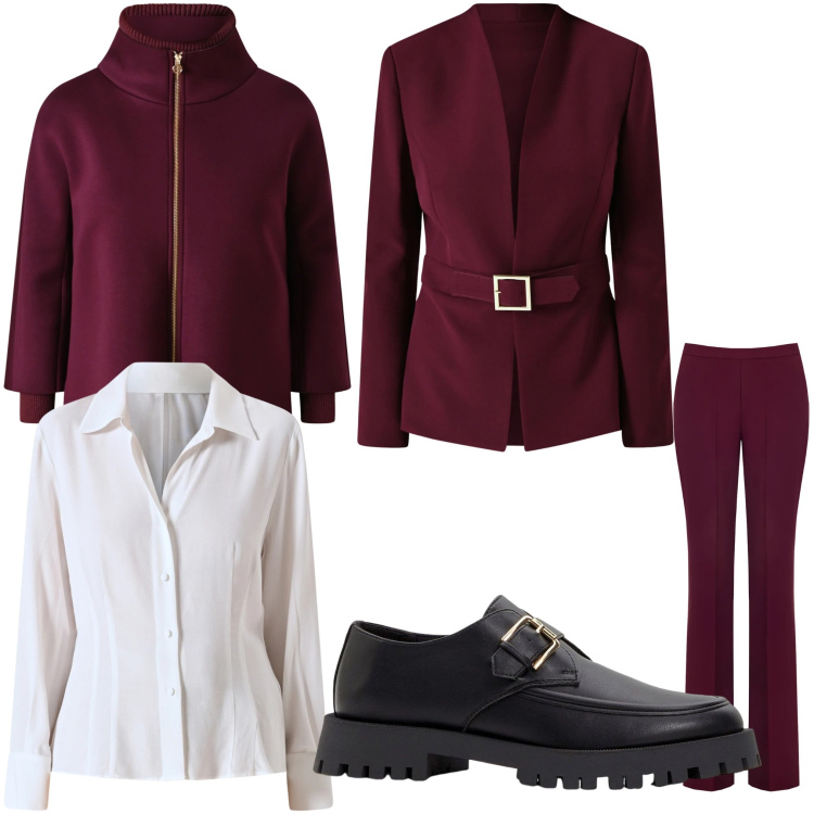 Outfit donna - Burgundy mannish. Stile Mannish per Ufficio. Abbinamento con mocassini, cappe, pantaloni, blazer, camicie.
