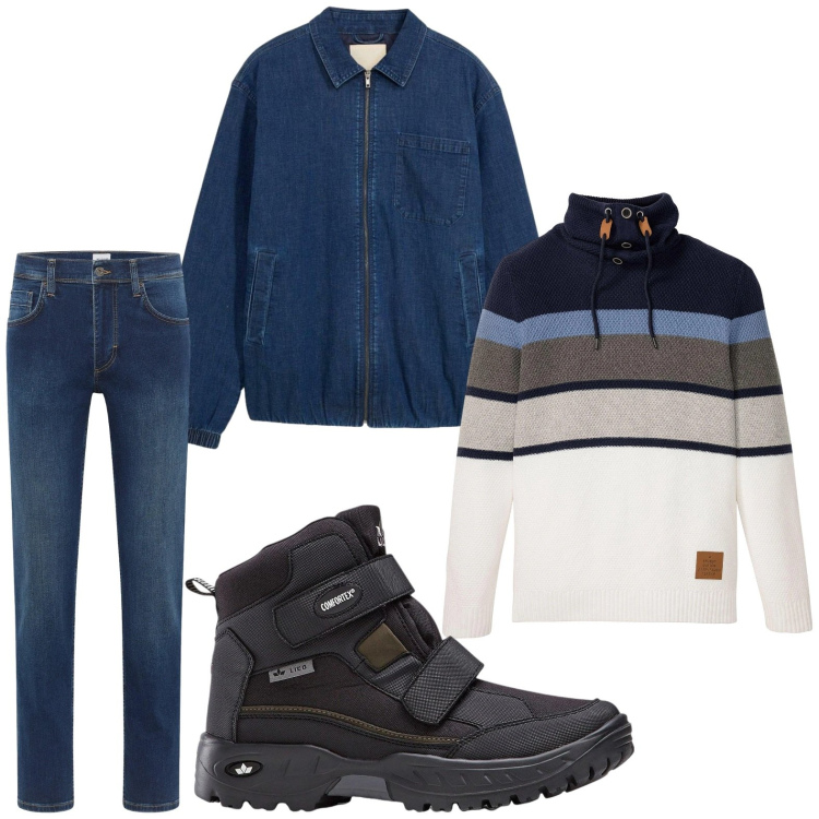 Outfit uomo - Gennaio. Stile Trendy per Tutti i giorni. Abbinamento con stivali e stivaletti, maglieria, jeans dritti, giacche.