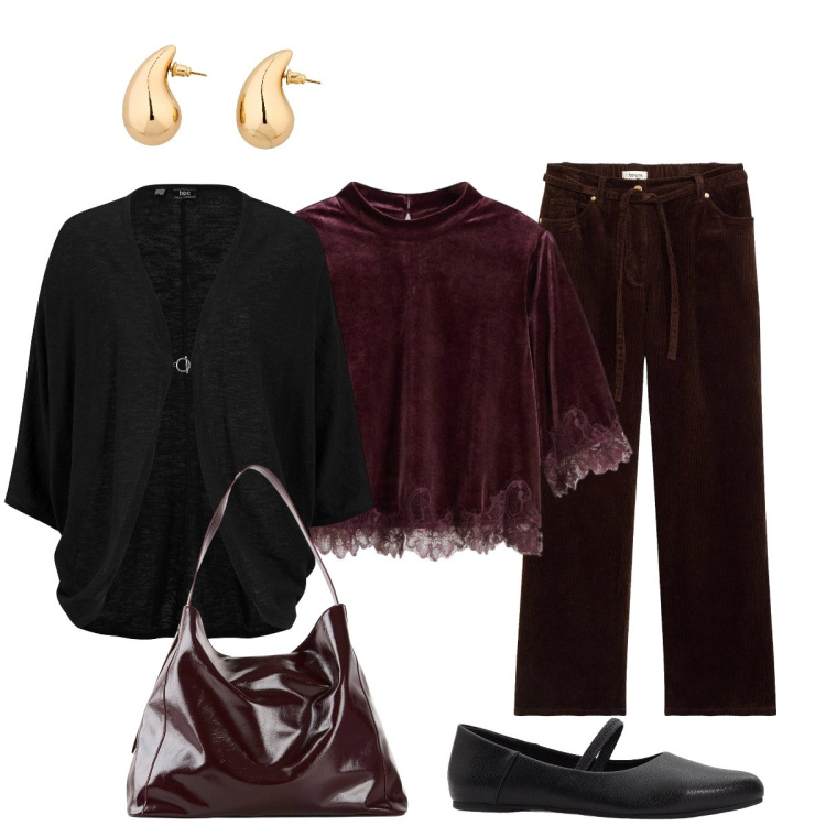 Outfit donna - Bonprix per una serata tra amici. Stile Glamour per Serata fuori. Abbinamento con pantaloni, bluse, ballerine, cardigans, orecchini, shopping bag.