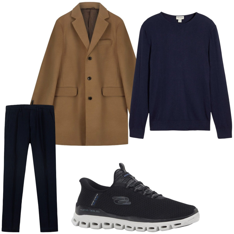 Outfit uomo - Il cappotto tabacco. Stile Casual per Tutti i giorni. Abbinamento con sneakers, maglieria, pantaloni, cappotti.
