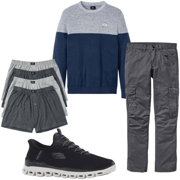Outfit uomo - Total look #2328646. Stile Trendy per Sport. Abbinamento con sneakers, pantaloni cargo, t-shirt sportive, boxer.