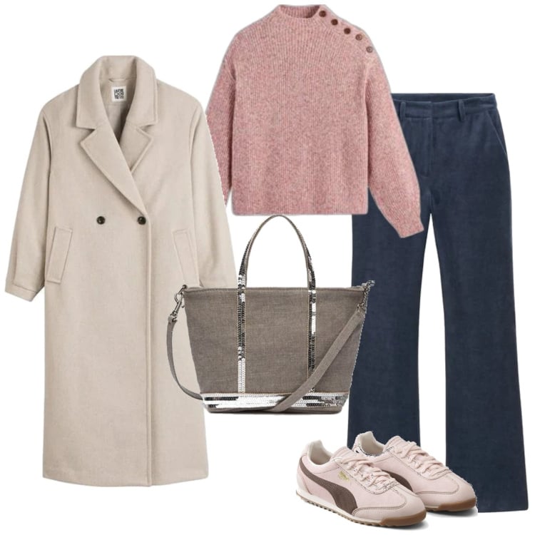Outfit mujer - Casual #919. Estilo Casual para Todos los días. Combinación con bolso tote, abrigos, pantalones, prendas de punto, sneakers.