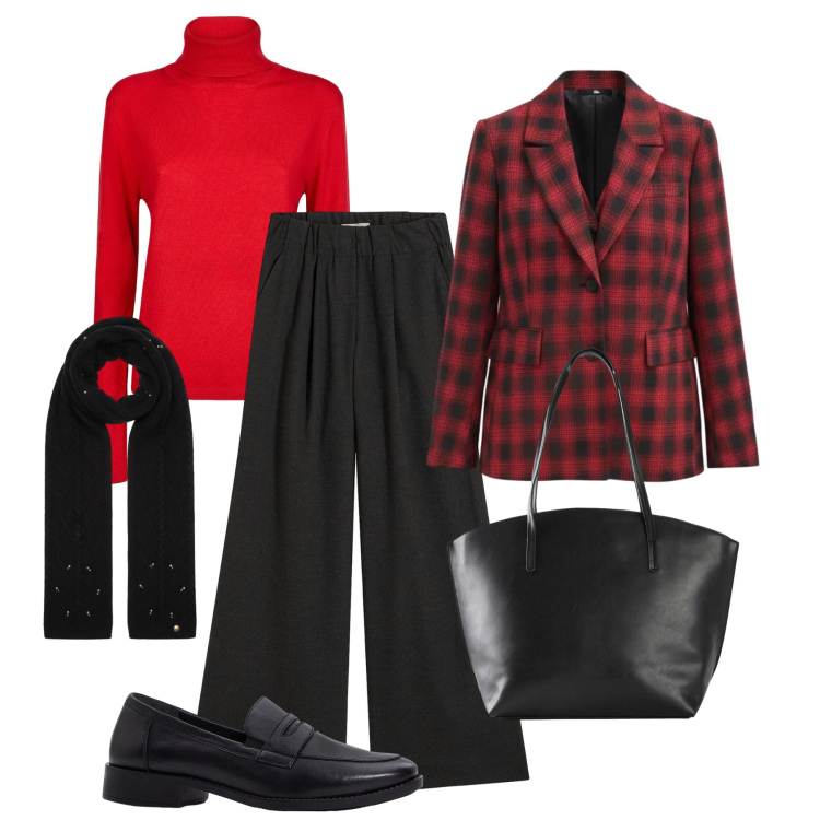 Outfit donna - Tartan al lavoro. Stile Casual chic per Ufficio. Abbinamento con pantaloni, mocassini, shopping bag, blazer, sciarpe, maglieria.
