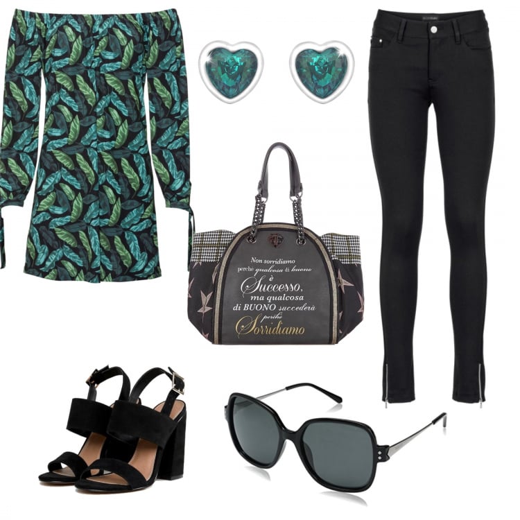 Outfit donna - Le belle giornate. Stile Trendy per Tutti i giorni. Abbinamento con pantaloni, vestito con scollo jersey nero, sandali con tacco largo collo aperto in denim, borsa a mano con stampa glitter con zip in pelle sintetica, occhiali da sole nero, orecchini.