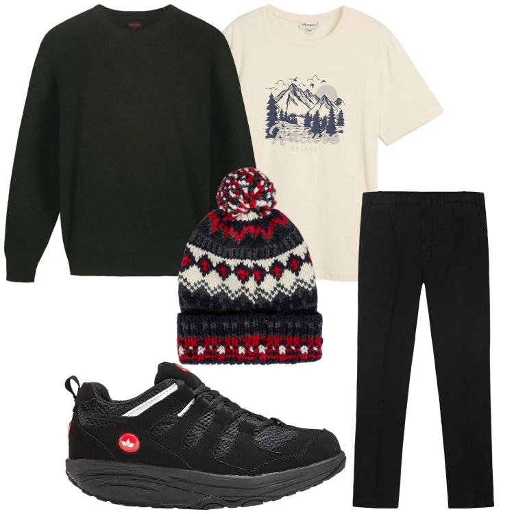 Outfit uomo - Trendy. Stile Trendy per Tutti i giorni. Abbinamento con t-shirt, sneakers, pantaloni, maglieria, berretti.