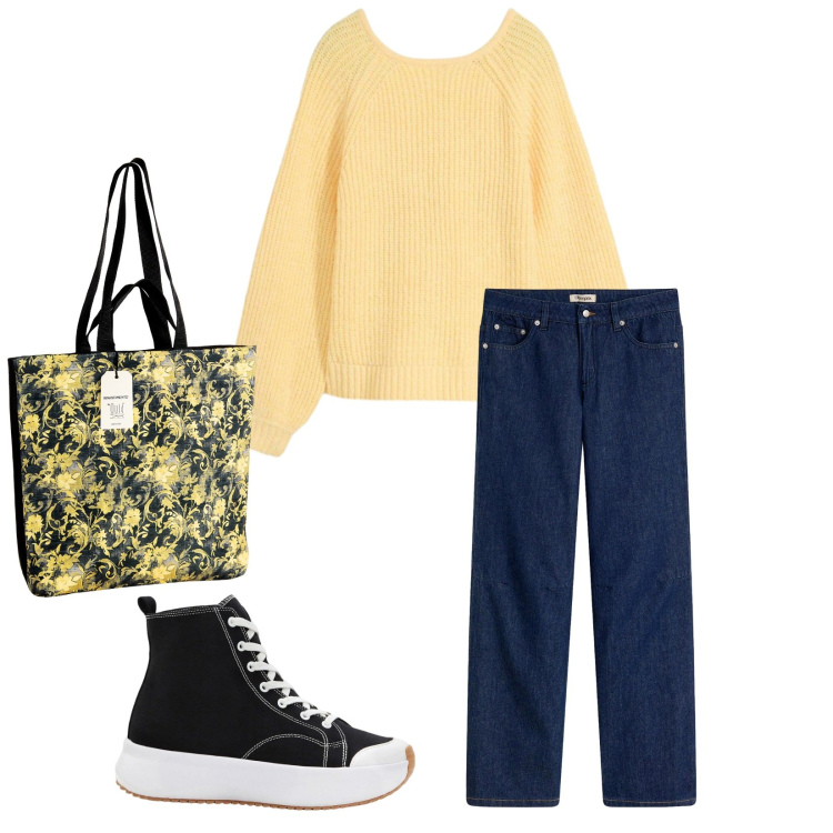 Outfit donna - Total look #2328676. Stile Casual per Tutti i giorni. Abbinamento con sneakers alte, jeans dritti, maglieria, borse tote.