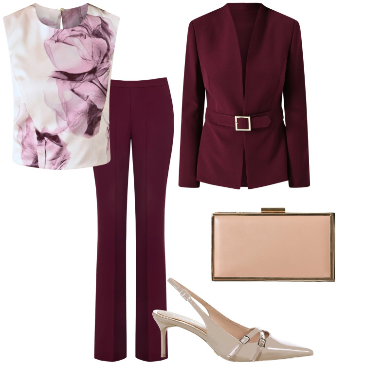 Outfit donna - Look per cerimonia. Stile Chic per Cerimonia. Abbinamento con top, pantaloni, pochette, décolleté, blazer.