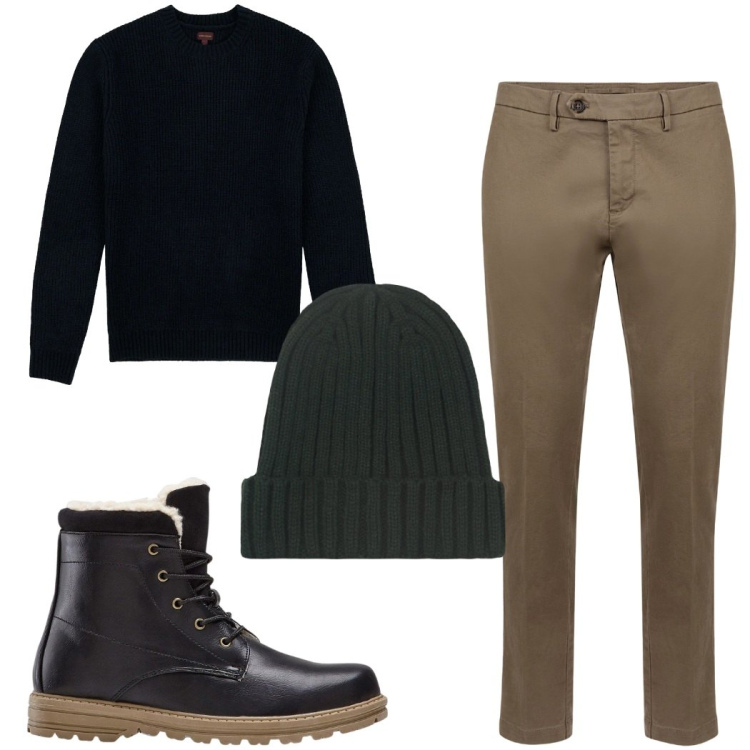 Outfit uomo - Total look #2328694. Stile Trendy per Tutti i giorni. Abbinamento con stivali e stivaletti, pantaloni chino, berretti, maglieria.