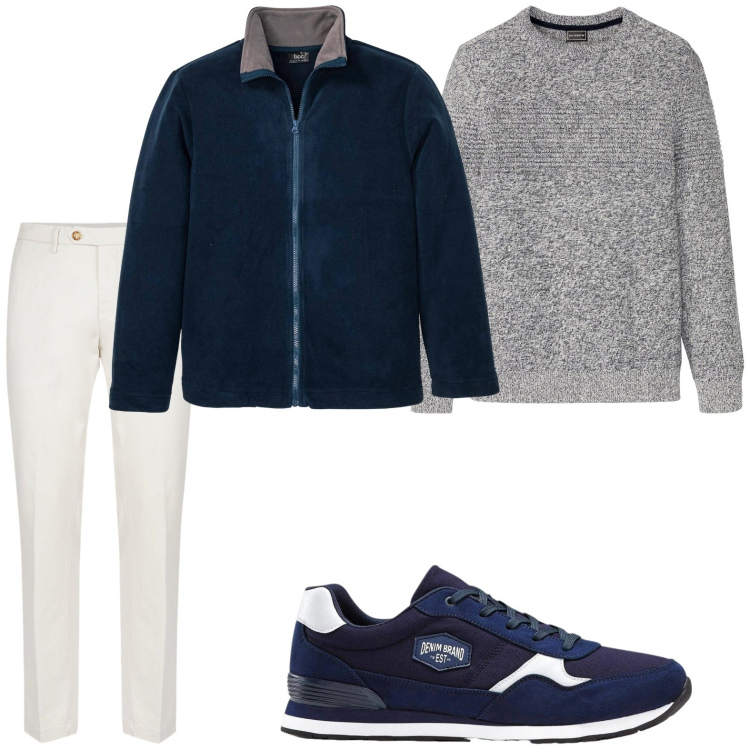 Outfit uomo - Casual chic. Stile Casual per Tutti i giorni. Abbinamento con sneakers, giacche, maglieria, pantaloni chino.