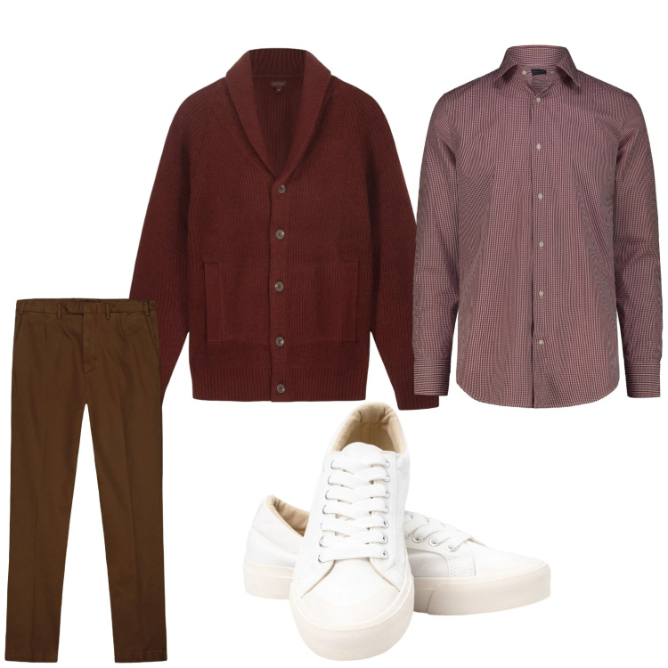 Outfit uomo - Il cardigan wine. Stile Casual per Tutti i giorni. Abbinamento con pantaloni, camicie, cardigans, sneakers.