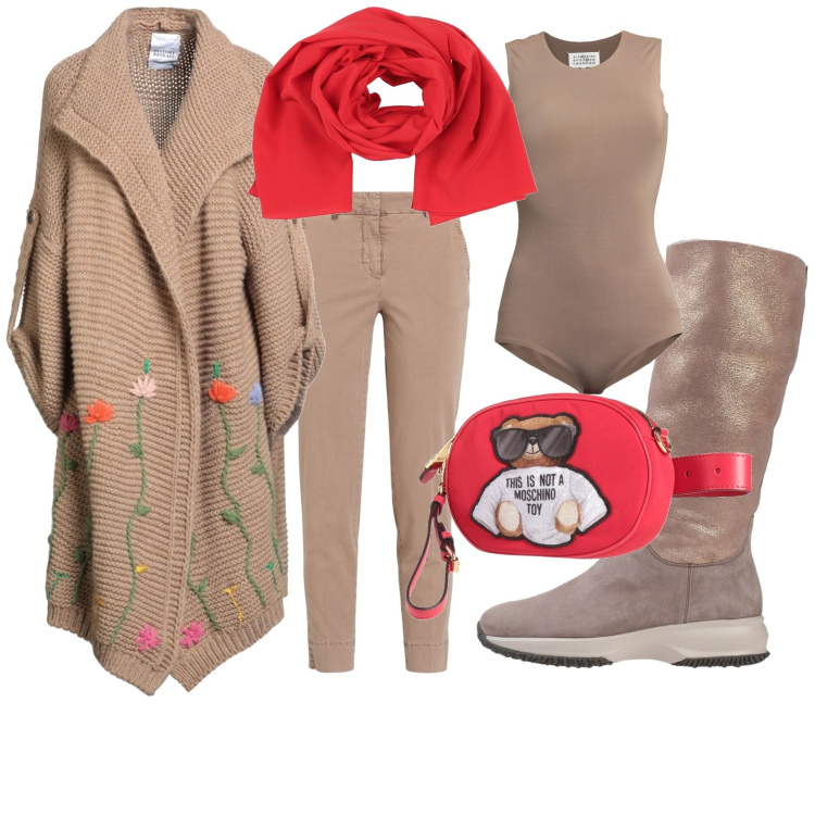 Outfit donna - Pomeriggio colorato. Stile Glamour per Tutti i giorni. Abbinamento con stivali da neve, marsupi, cardigans, sciarpe, pantaloni, body.