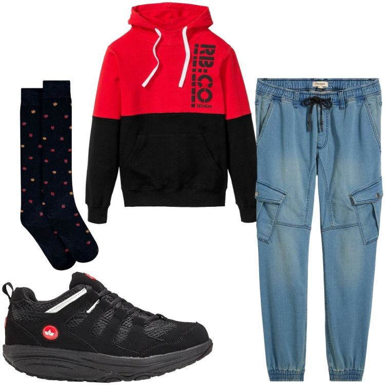 Outfit uomo - Total look #2328709. Stile Trendy per Tutti i giorni. Abbinamento con felpe con cappuccio, jeans dritti, sneakers, calzini.