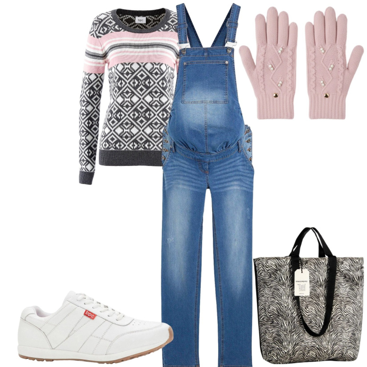 Outfit donna - Total look #2328717. Stile Casual per Tutti i giorni. Abbinamento con salopette, sneakers, maglieria, borse tote, guanti.