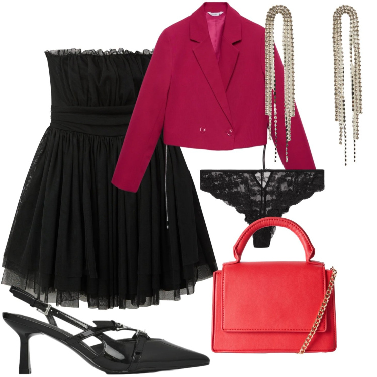Outfit donna - Terranova -San Valentino. Stile Glamour per Serata fuori. Abbinamento con borse a tracolla, culotte, décolleté, blazer, orecchini, vestiti corti.