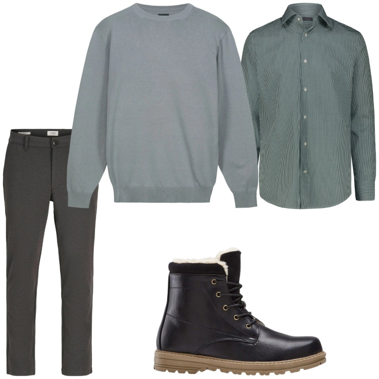 Outfit uomo - Easy. Stile Trendy per Tutti i giorni. Abbinamento con stivali e stivaletti, pantaloni chino, maglieria, camicie.