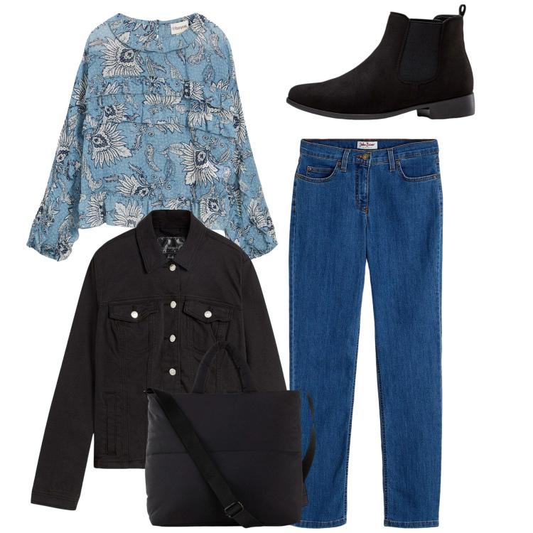 Outfit donna - Total look. Stile Casual per Tutti i giorni. Abbinamento con jeans dritti, stivaletti chelsea, blazer, bluse, shopping bag.