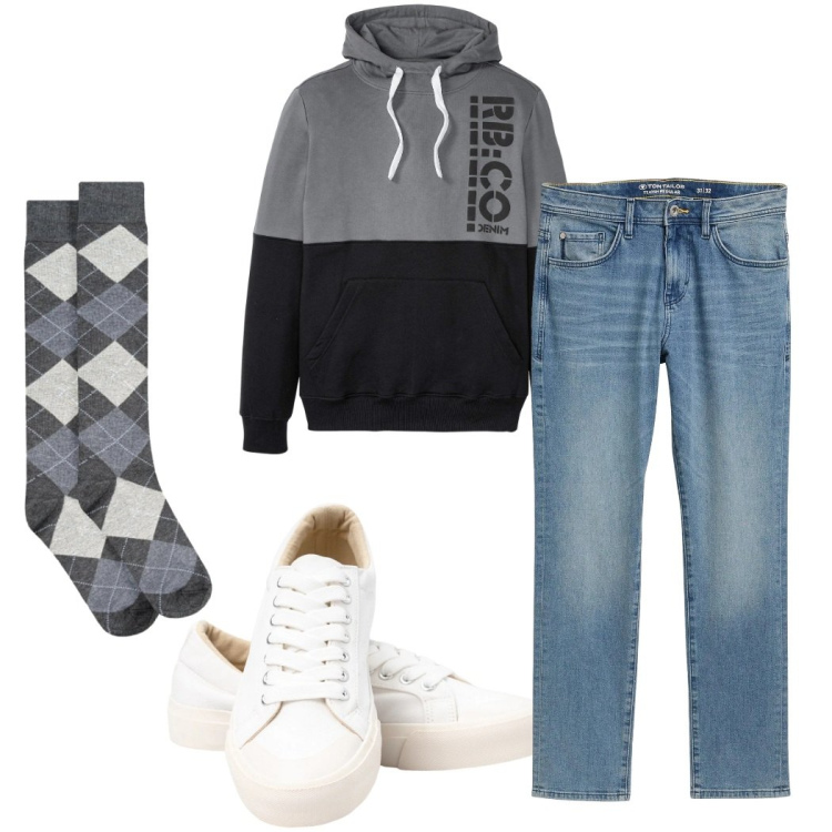 Outfit uomo - Total look #2328723. Stile Casual per Tutti i giorni. Abbinamento con felpe con cappuccio, jeans slim fit, sneakers, calzini.