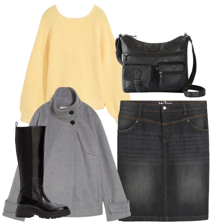 Outfit donna - Total look. Stile Bon Ton per Tutti i giorni. Abbinamento con borse a tracolla, gonne, stivali, blazer, maglieria.