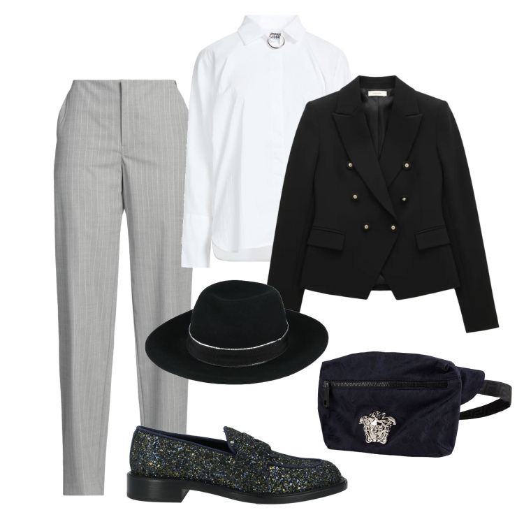 Outfit donna - Mocassini glitter di sera. Stile Chic per Serata fuori. Abbinamento con marsupi, pantaloni, cappelli, mocassini, camicie, blazer.