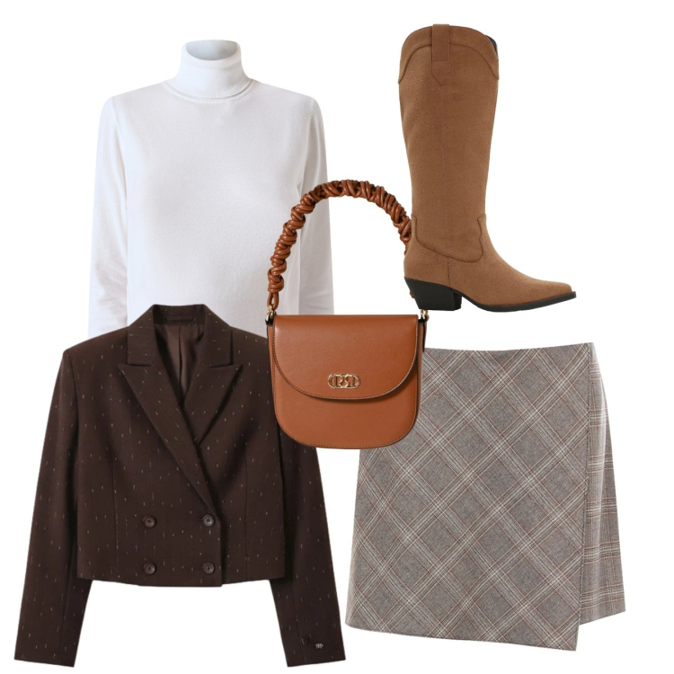 Outfit donna - Total look. Stile Bon Ton per Tutti i giorni. Abbinamento con stivali, borse a mano, maglieria, minigonne, blazer.