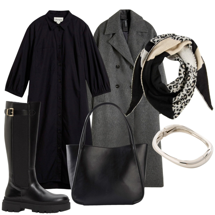 Outfit donna - Shopping pomeridiano. Stile Minimal per Tutti i giorni. Abbinamento con shopping bag, braccialetti, foulard, stivali, cappotti, vestiti chemisier.