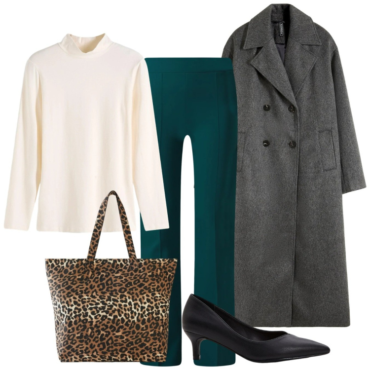 Outfit donna - Maxicappotto. Stile Chic per Tutti i giorni. Abbinamento con shopping bag, décolleté, maglieria, cappotti, pantaloni a palazzo.