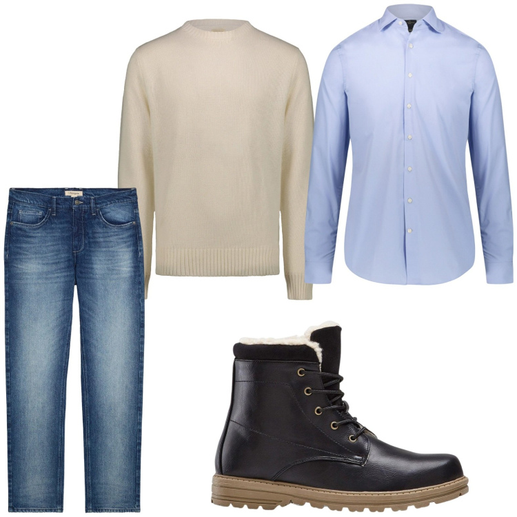 Outfit uomo - Denim forever. Stile Trendy per Tutti i giorni. Abbinamento con stivali e stivaletti, jeans dritti, camicie, maglieria.