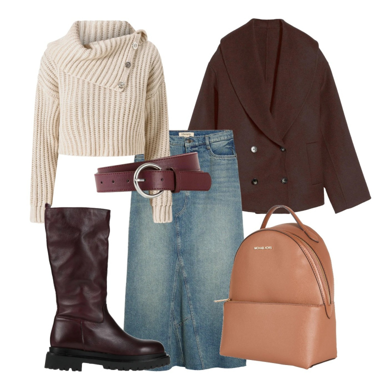 Outfit donna - Chic in gonna denim. Stile Bon Ton per Tutti i giorni. Abbinamento con gonne, cinture, caban, zaini, stivali, maglieria.