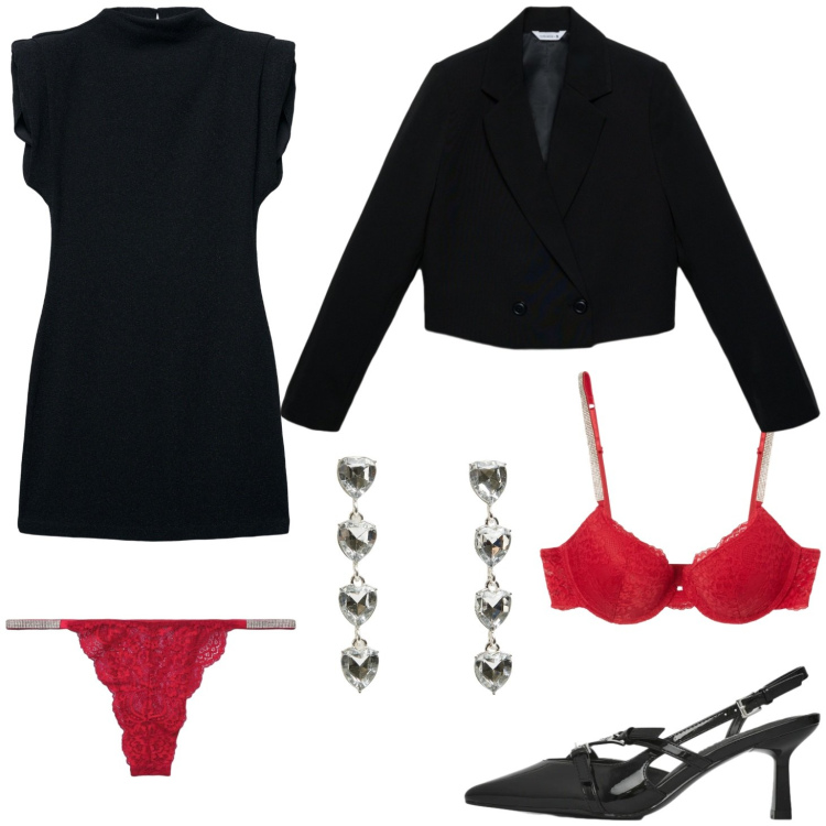 Outfit donna - Rosso passione. Stile Sexy per Serata fuori. Abbinamento con orecchini, culotte, reggiseni a balconcino, vestiti senza maniche, décolleté, blazer.
