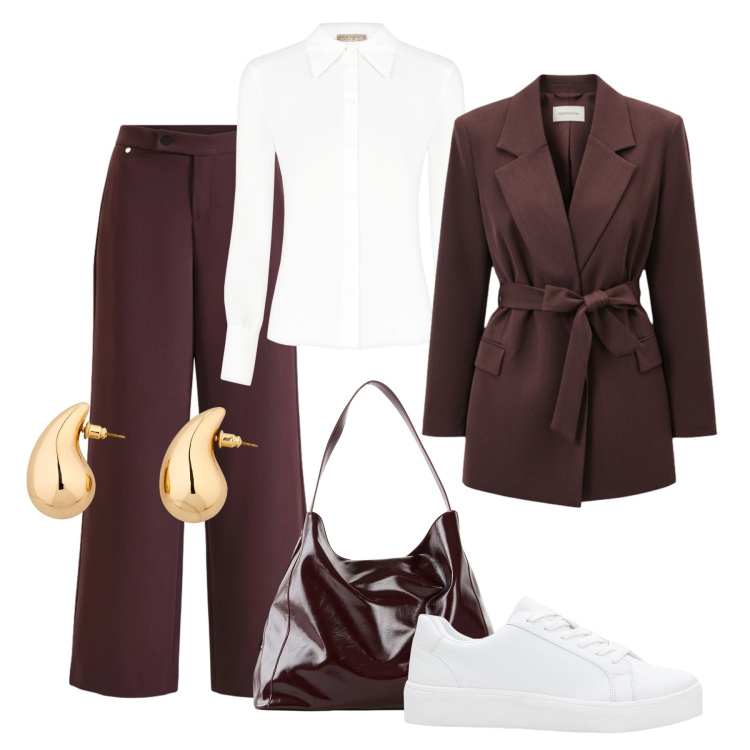 Outfit donna - Glam in sneakers. Stile Casual chic per Tutti i giorni. Abbinamento con sneakers, orecchini, shopping bag, blazer, pantaloni, camicie.