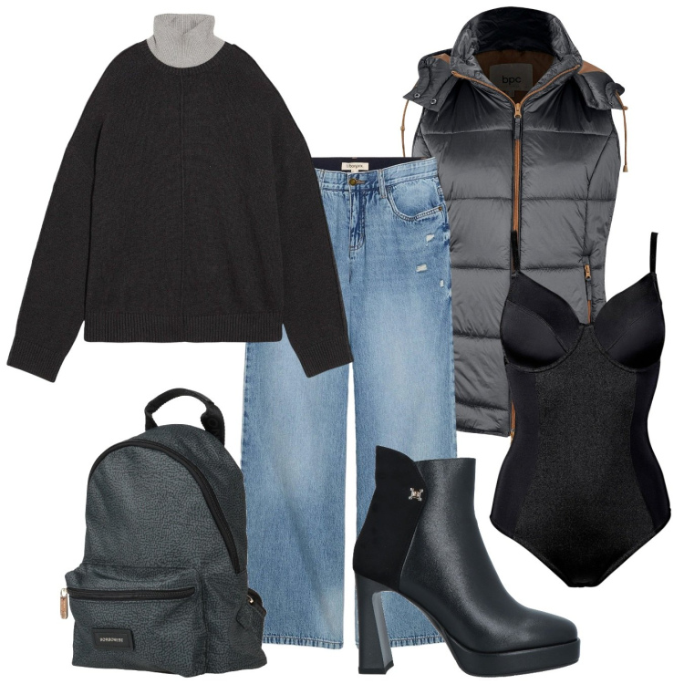Outfit donna - Urban jeans. Stile Casual chic per Tutti i giorni. Abbinamento con gilet, body, jeans, maglieria, stivaletti, zaini.