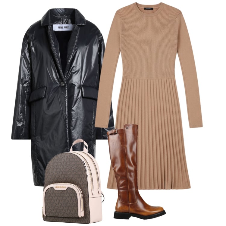 Outfit donna - Total look. Stile Bon Ton per Tutti i giorni. Abbinamento con stivali, zaini, cappotti, vestiti corti.