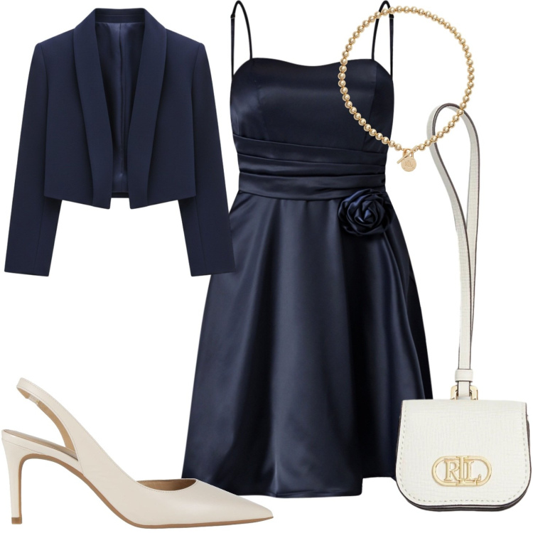 Outfit donna - San Valentino. Stile Glamour per Serata fuori. Abbinamento con décolleté, vestiti corti, bolero, collane, pochette.